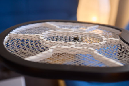 Electric mosquito swatter gray color minimal style placed on white background in bedroomの写真素材
