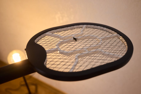 Electric mosquito swatter gray color minimal style placed on white background in bedroomの写真素材