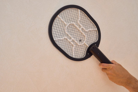 Electric mosquito swatter gray color minimal style placed on white background in bedroomの写真素材