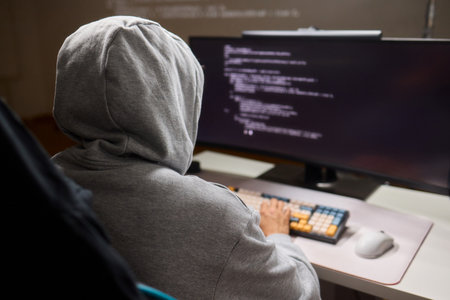 A young programmer codes intently in a dark setting, immersed in his work and creativityの写真素材