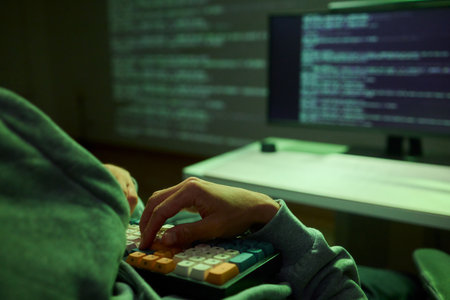 Cybersecurity Analyst Engaged in Writing Code Within a Dimly Lit Environment for Efficiencyの写真素材