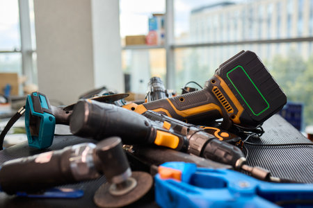 A Wide Variety of Different Tools Displayed on a Workbench in a Modern Workspace Environment