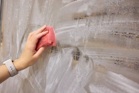 Mosquito net,Washing the mosquito net in the bathroom.の写真素材
