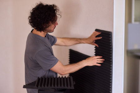 Setting up audio equipment with soundproofing panels in a modern studio environmentの写真素材