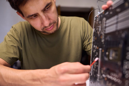A Close Up View of a Hand Engaged in the Process of Cleaning a Circuit Board Componentの写真素材