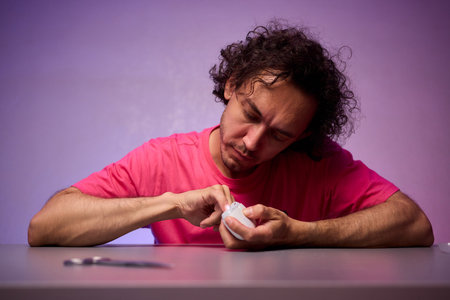 Close-up of an electric nail clipper in hand, modern personal care technology, highlighting compact design and functionality, modern gadget for personal groomingの写真素材