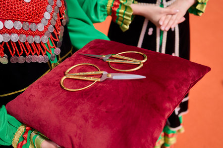 Elegant Scissors Displayed on a Luxurious Velvet Background Perfect for Special Occasionsの写真素材
