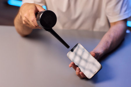 The Innovative Smartphone Cleaning Device is Being Demonstrated During Use and Functionalityの写真素材