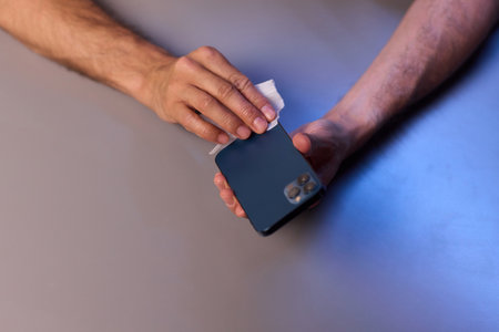 Cleaning a smartphone screen with a tissue needs attention for optimal hygiene and careの写真素材