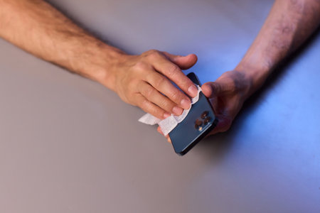 Cleaning a smartphone screen with a tissue needs attention for optimal hygiene and careの写真素材