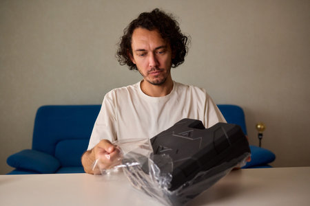 Unboxing a New Electronic Device with Great Care and Attention to Detail and Excitementの写真素材