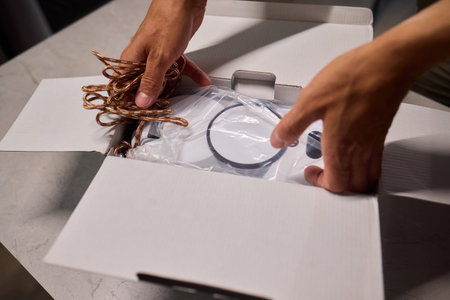 Unboxing a Brand New Tech Gadget that Comes with Protective Packaging for Safe Deliveryの写真素材