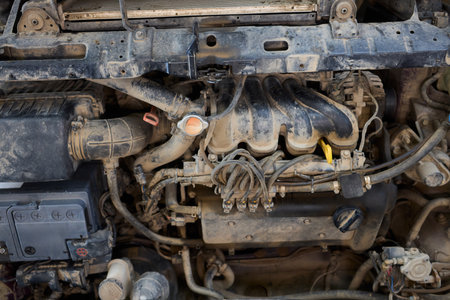 Closeup of a dirty engine bay with several intricately designed complex components