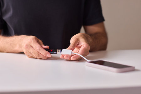 man using otg usb with mobile phone to copy photos