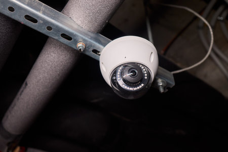 Surveillance Camera Placed in an Industrial Setting Surrounded by Various Pipes and Equipmentの写真素材