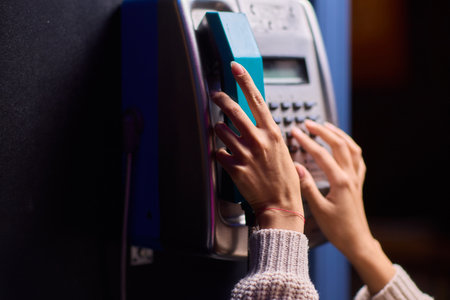 A Person Using a Payphone at Night in an Urban Setting, Highlighting Nostalgic Communication