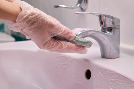 The Thorough Cleaning Process of Faucet Using Appropriate Protective Gloves for Safetyの写真素材