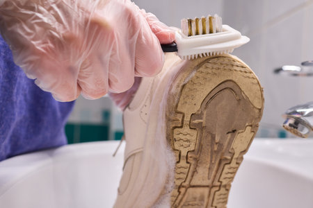 Cleaning Shoes with a Brush and Proper Care Techniques for Enhanced Longevity and Durabilityの写真素材