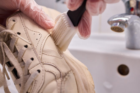 Cleaning Shoes with a Brush and Proper Care Techniques for Enhanced Longevity and Durabilityの写真素材