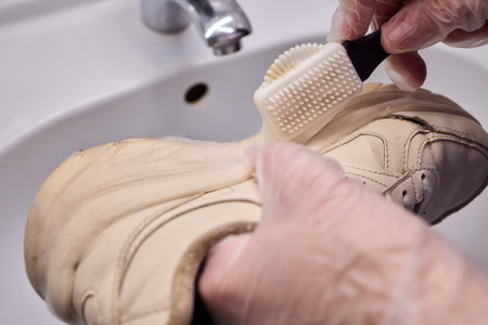 Cleaning Shoes with a Brush and Proper Care Techniques for Enhanced Longevity and Durabilityの写真素材