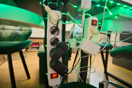 A Comprehensive and Complex Power Setup Involving Lights and Various Cables and Connectionsの写真素材