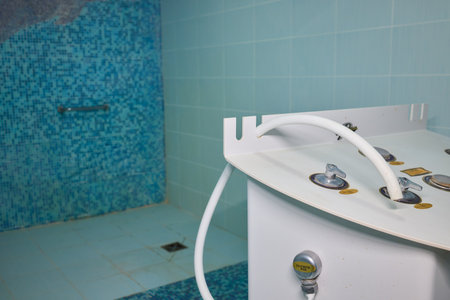 Therapeutic Bathing Equipment Carefully Designed in a Calming Aqua Setting for Relaxationの写真素材