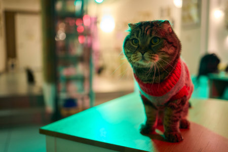A Festive Cat Wearing a Sweater and Surrounded by Cozy, Warm, and Twinkling Lights