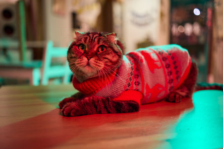 A Festive Cat Wearing a Sweater and Surrounded by Cozy, Warm, and Twinkling Lightsの写真素材