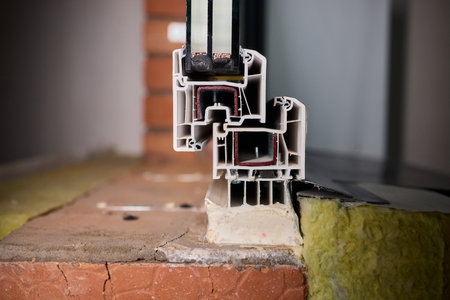 Closeup of window assembly components, Macro view of window frame with insulation and gasket,...