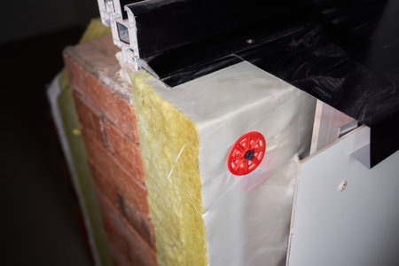 building overview, Details of outer wall and construction components, Close examination of design features and construction materials used in buildingの写真素材