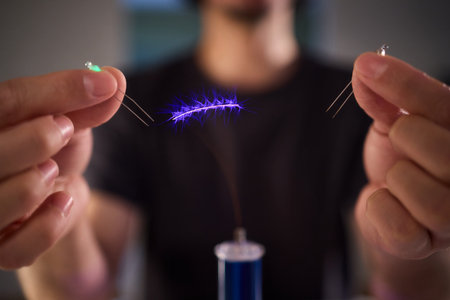 Hands manipulating metal spheres generate vibrant electrical plasma display. Laboratory scene showcasing coil discharging luminous sparks with scientific precisionの写真素材