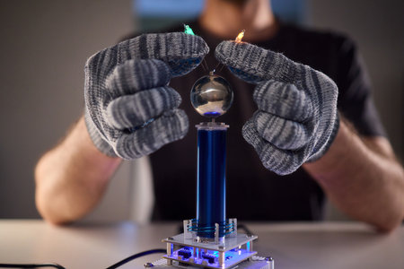 Expert carefully calibrates plasma equipment using sensitive techniques, Research professional employs meticulous methods to adjust plasma probe with expert precisionの写真素材