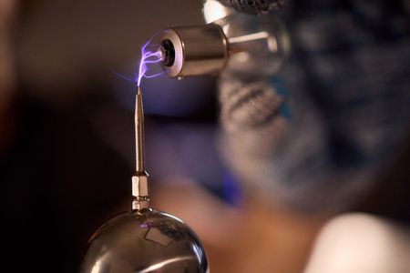 Detailed image of electrical discharge testing process, Precision testing of purple plasma arc by...