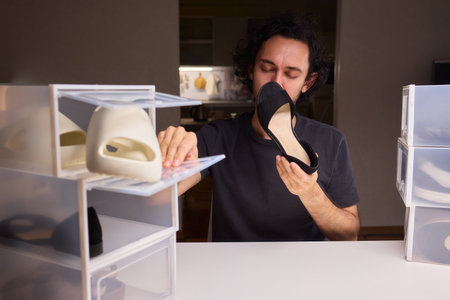 Man smelling black shoes from plastic box, checking condition in storage room with stacked clear drawers and fluorescent lampの写真素材