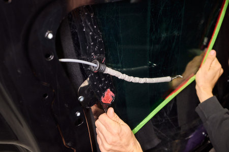 Automotive painter meticulously applying vibrant new coating, Professional person precisely applying glossy fresh paint to vehicle surfaceの写真素材