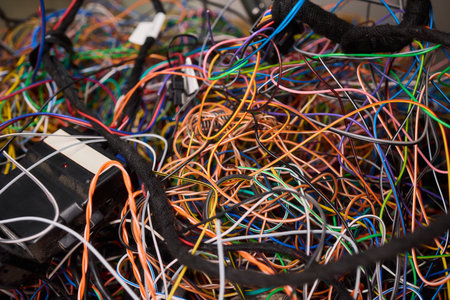 Disorganized tech parts cluttered containers, Overfilled repair station with tangled wiring and components, Chaotic collection of electronic waste awaiting recyclingの写真素材
