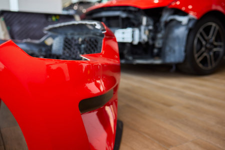 Car repair scene, Workshop with damaged vehicle parts, Automotive repair bay with scattered tools and bodywork, Busy auto body shop with suspended parts and industrialの写真素材
