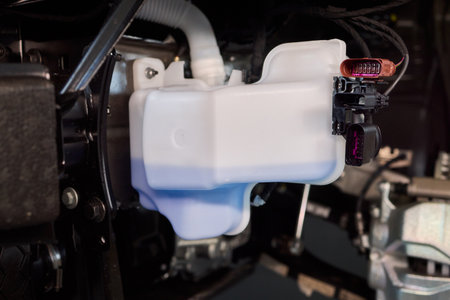 Closeup of coolant container during vehicle maintenance process, Technician topping off coolant...