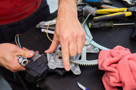Focused technician conducts precise motor repairs, Dedicated technician methodically finetunes small motor assembly with specialized tools in workshop environmentの写真素材