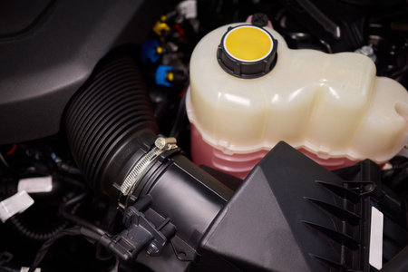 Closeup of coolant container during vehicle maintenance process, Technician topping off coolant reservoir in engine compartment under proper lighting conditionsの写真素材