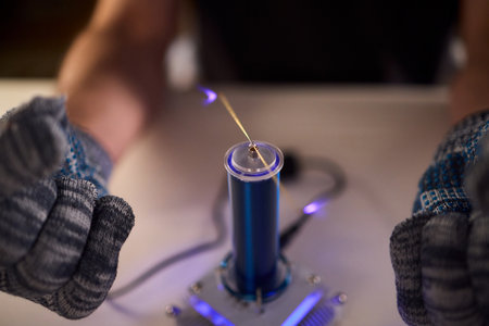 Expert carefully calibrates plasma equipment using sensitive techniques, Research professional employs meticulous methods to adjust plasma probe with expert precisionの写真素材