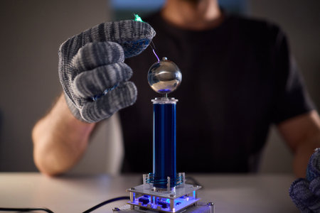 Expert carefully calibrates plasma equipment using sensitive techniques, Research professional...