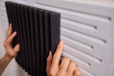 Closeup of foam insulation method, Hand pressing textured acoustic foam onto wall surface, Detailed shot of fingers securing black foam panels on gray wall Comparison of different foam rubber and sound absorption efficiencyの写真素材