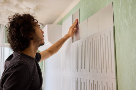 Joyful homeowner redesigns textured wall effortlessly, Homeowner happily personalizes textured wall with self installed decorative mirror tiles for stylish appealの写真素材