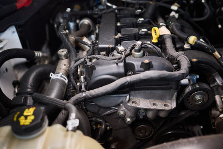 Car engine detail, Polished engine components with workshop lighting detail, Precise view of...