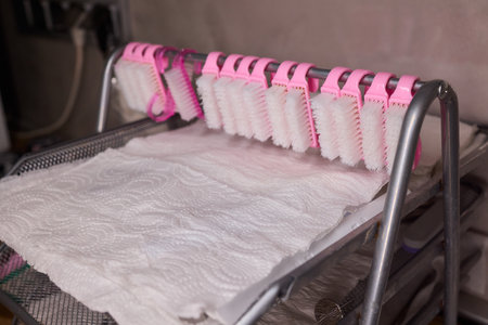 Manicure brushes lined on drying rack, pink bristles resting on folded towel, stainless steel shelf,...