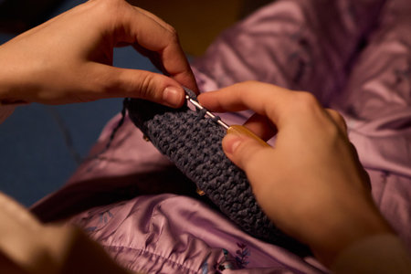 Crochet workshop scene, Artisan at work with yarn, Cozy crafting space with textured handmade...