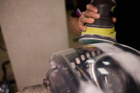 Hands refining car lamps professionally, Orbital buffer restoring clarity to headlights, Closeup of technician smoothing car headlight with orbital buffer and polishing toolsの写真素材