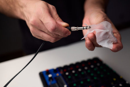 Personnel meticulously maintain audio equipment hygiene, Detailed shot of technician carefully...