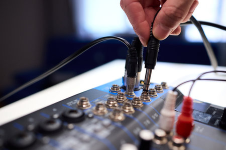 Fitting cables into professional studio gear, Attaching connectors carefully on live music setup,...